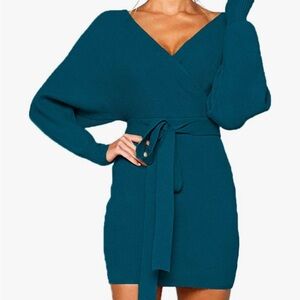 Brand NEW Long Sleeve Teal Backless Wrap Knit Sweater Mini Dress